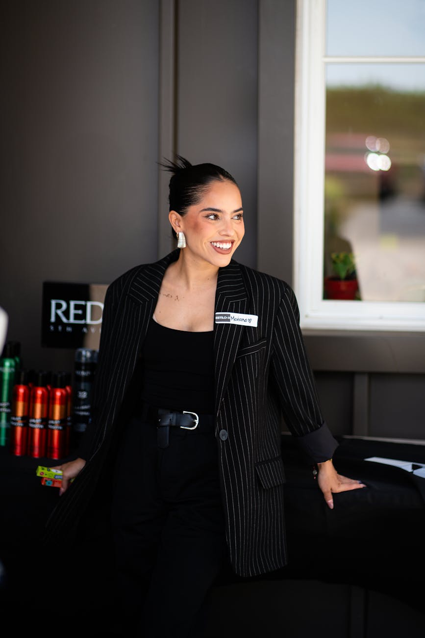 smiling hostess at the promotion of makeup cosmetics